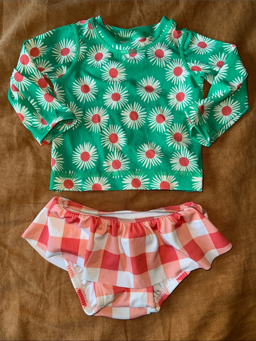 Hanna Andersson Green Daisy Rashguard with Gingham Ruffle Bottom